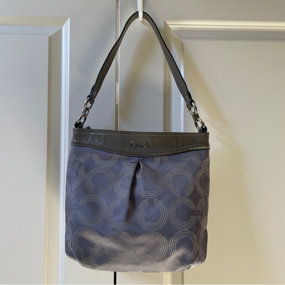 Coach logo gray sateen-patent leather trim shoulder bag Ashley